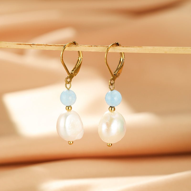 Boucles d'oreilles Aigue marine Perle baroque laiton doré - Biloria