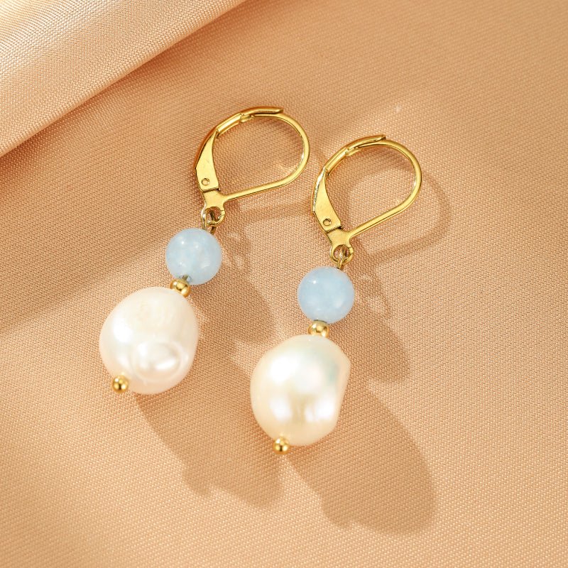 Boucles d'oreilles Aigue marine Perle baroque laiton doré - Biloria