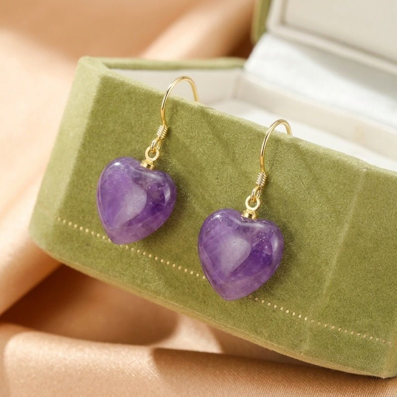 Boucles d'Oreilles Améthyste Cœur – Argent Plaqué Or 18K - Biloria