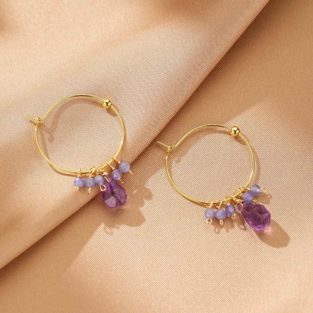 Boucles d'oreilles Améthyste et Tanzanite créoles argent plaqué or - Biloria