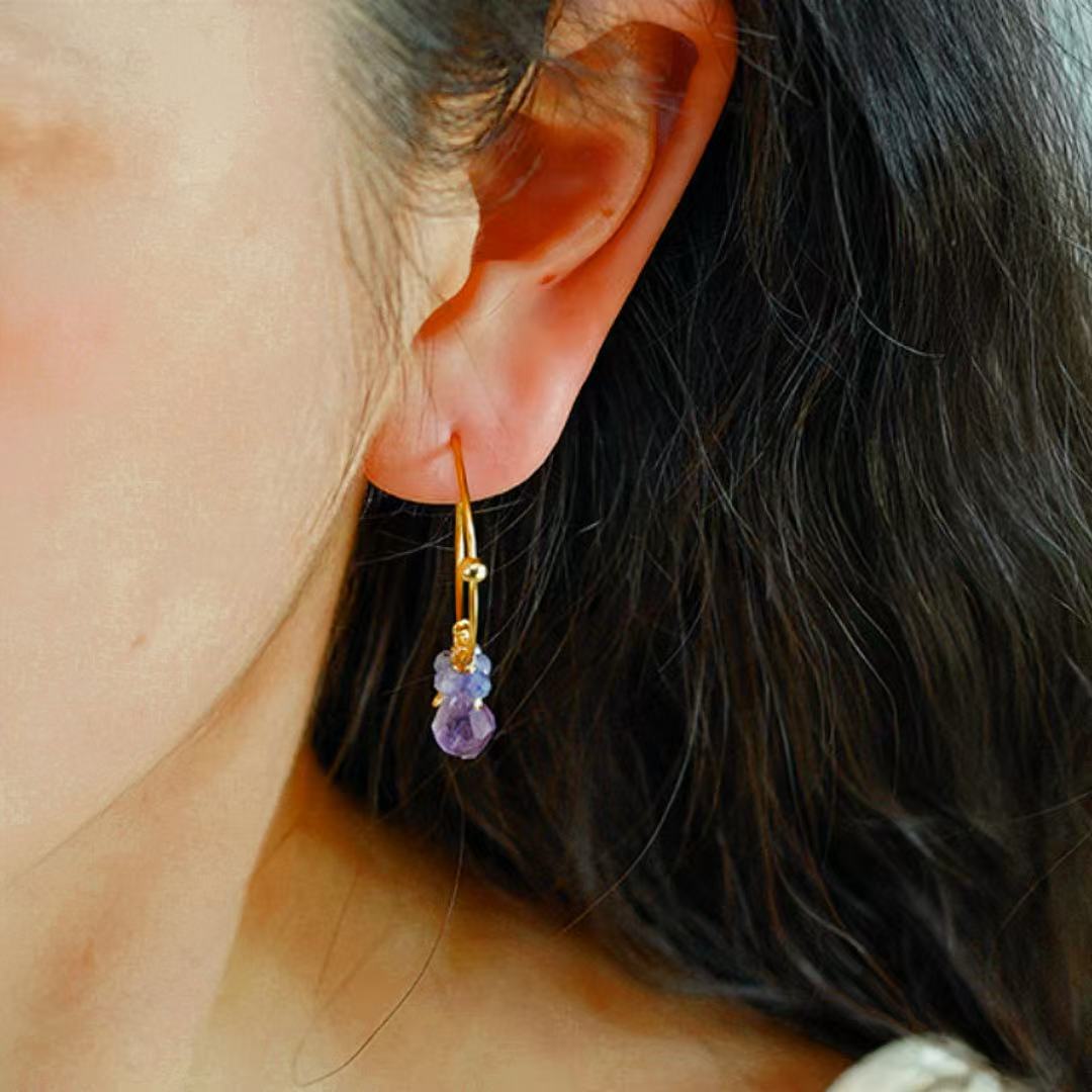 Boucles d'oreilles Améthyste et Tanzanite créoles argent plaqué or - Biloria
