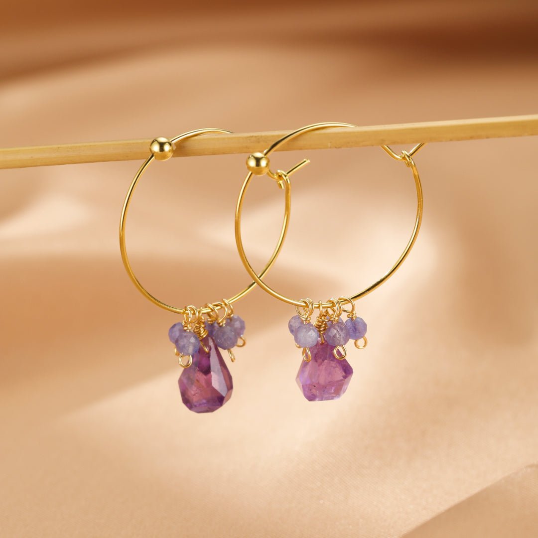 Boucles d'oreilles Améthyste et Tanzanite créoles argent plaqué or - Biloria
