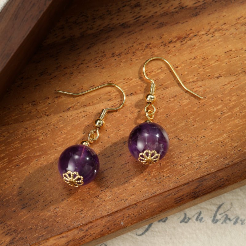 Boucles d'Oreilles Améthyste Sphère 12mm Laiton Plaqué Or - Biloria