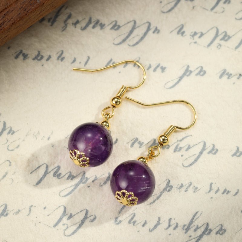 Boucles d'Oreilles Améthyste Sphère 12mm Laiton Plaqué Or - Biloria