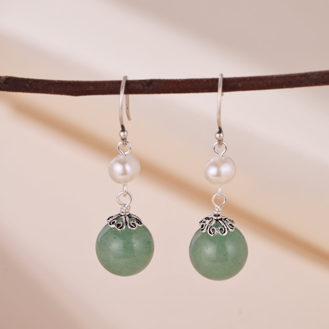 Boucles d'Oreilles Aventurine et Perle en Argent 925 - Biloria