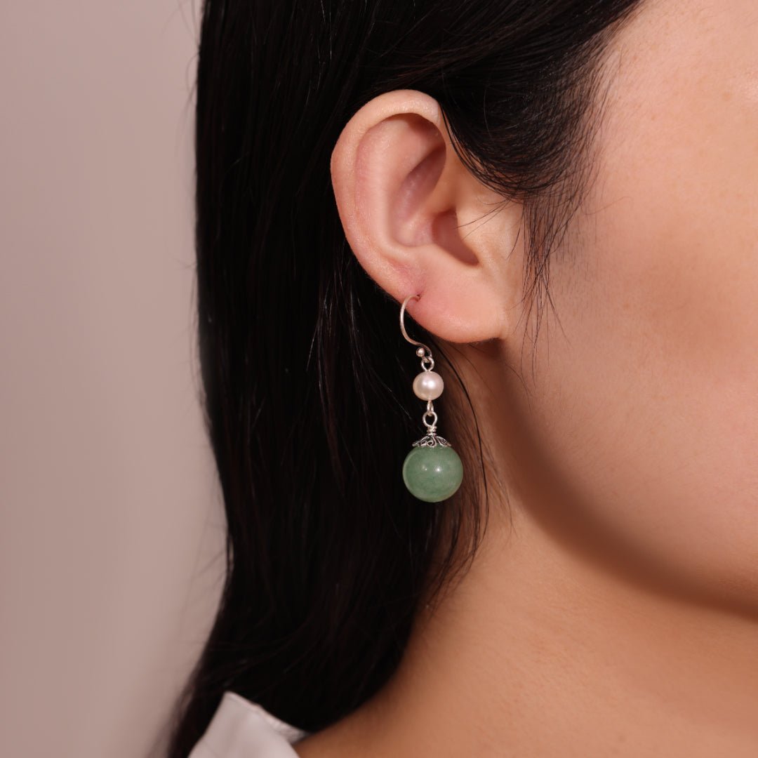Boucles d'Oreilles Aventurine et Perle en Argent 925 - Biloria