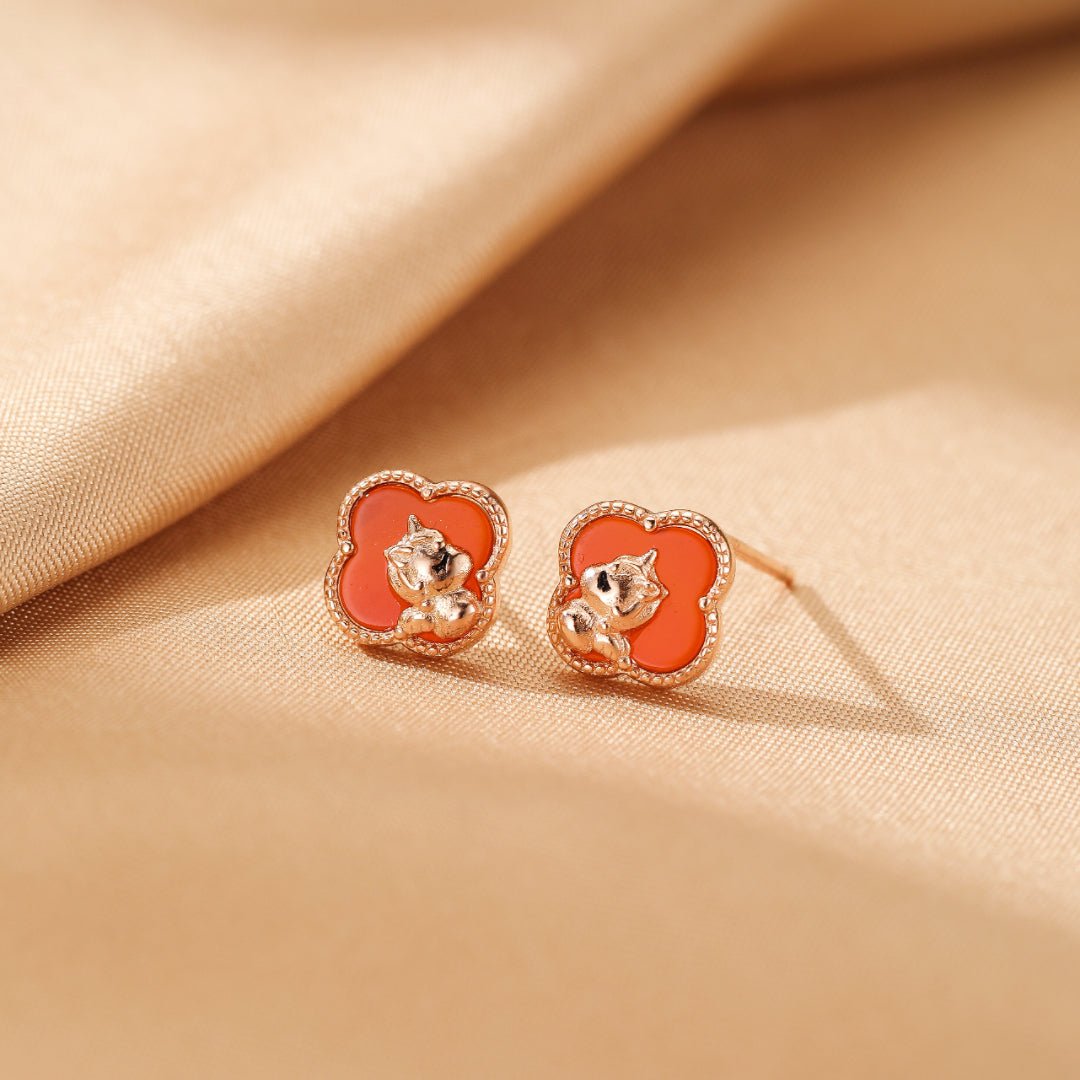 Boucles d'Oreilles Cheval Trèfle Argent Plaqué Or Rose Pierre Rouge - Biloria