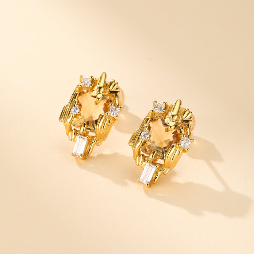 Boucles d'Oreilles Citrine Argent Plaqué Or – Zircon - Biloria