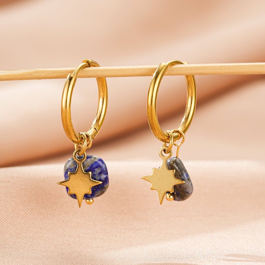 Boucles d'Oreilles Créoles avec Étoile - Amazonite ou Lapis Lazuli - Biloria