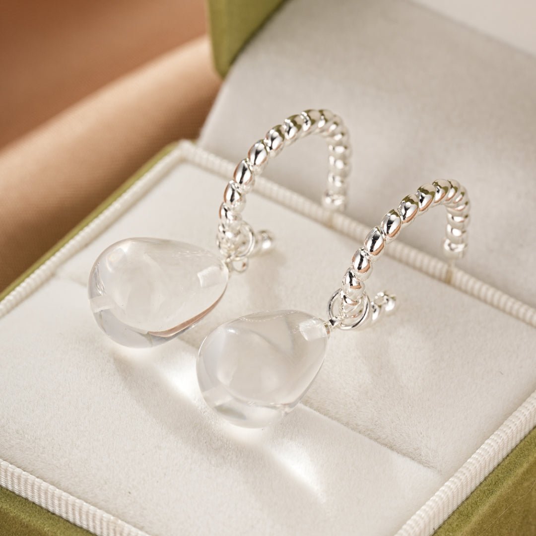 Boucles d'Oreilles Cristal de Roche Goutte Spirale Argent 925 - Biloria