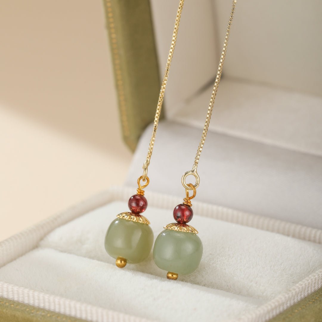 Boucles d'Oreilles en Jade et Agate Rouge Fruit - Argent Plaqué Or - Biloria