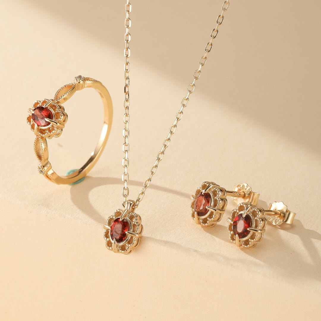Boucles d'Oreilles Grenat Rouge – Argent Plaqué Or - Biloria