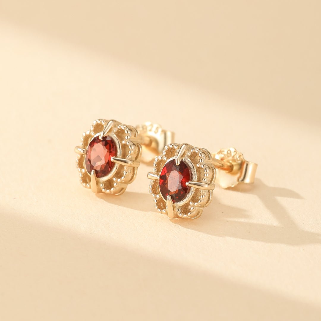 Boucles d'Oreilles Grenat Rouge – Argent Plaqué Or - Biloria