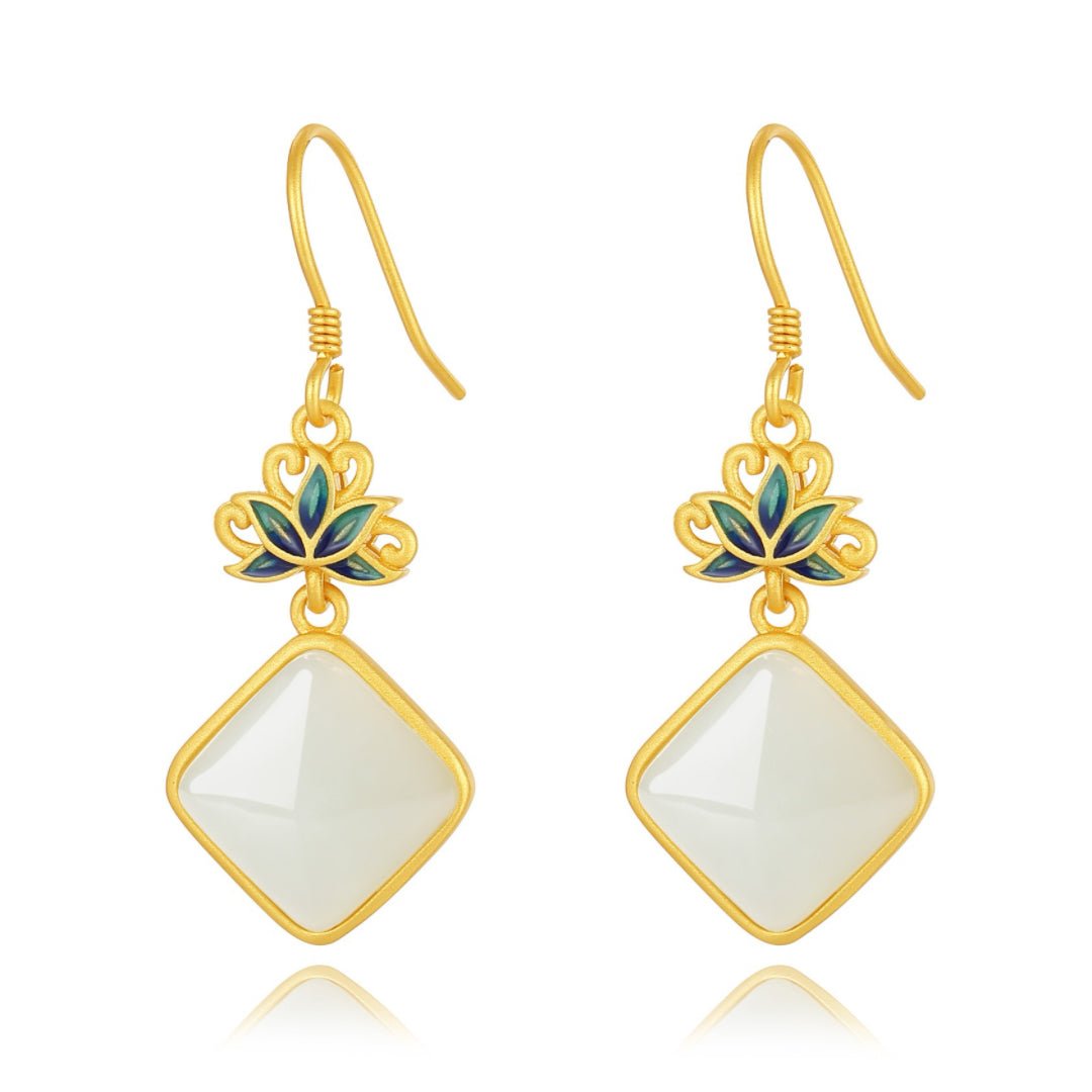 Boucles d'Oreilles Jade Blanc Lotus Bleu Argent Plaqué Or - Biloria