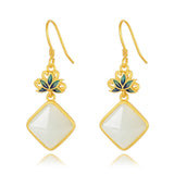Boucles d'Oreilles Jade Blanc Lotus Bleu Argent Plaqué Or - Biloria
