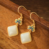 Boucles d'Oreilles Jade Blanc Lotus Bleu Argent Plaqué Or - Biloria
