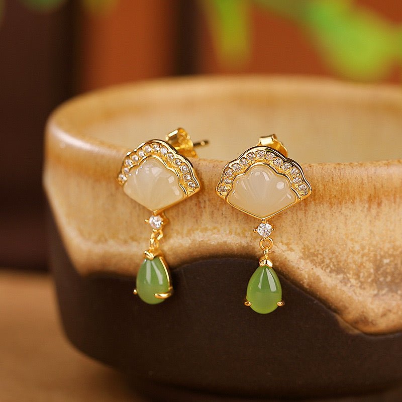 Boucles d'Oreilles Jade & Cœur de Nacre – Argent Plaqué Or - Biloria