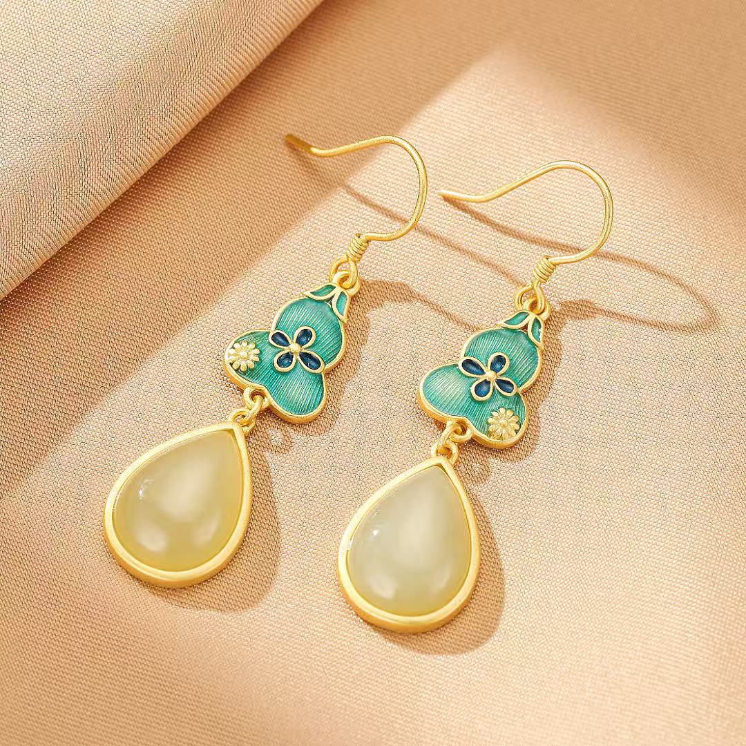 Boucles d'Oreilles Jade Goutte de Chance Argent Plaqué Or - Biloria