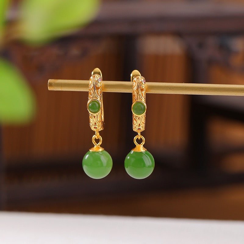 Boucles d'Oreilles Jade Jardin Impérial en Argent Plaqué Or - Biloria
