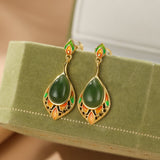 Boucles d'Oreilles Jade Naturel Feuille de Joie – Argent Plaqué Or - Biloria