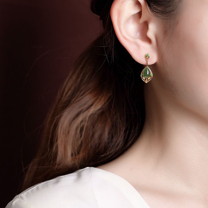 Boucles d'Oreilles Jade Naturel Feuille de Joie – Argent Plaqué Or - Biloria