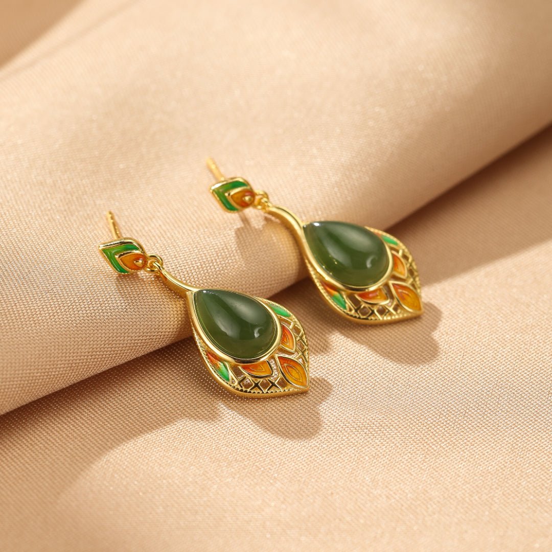 Boucles d'Oreilles Jade Naturel Feuille de Joie – Argent Plaqué Or - Biloria