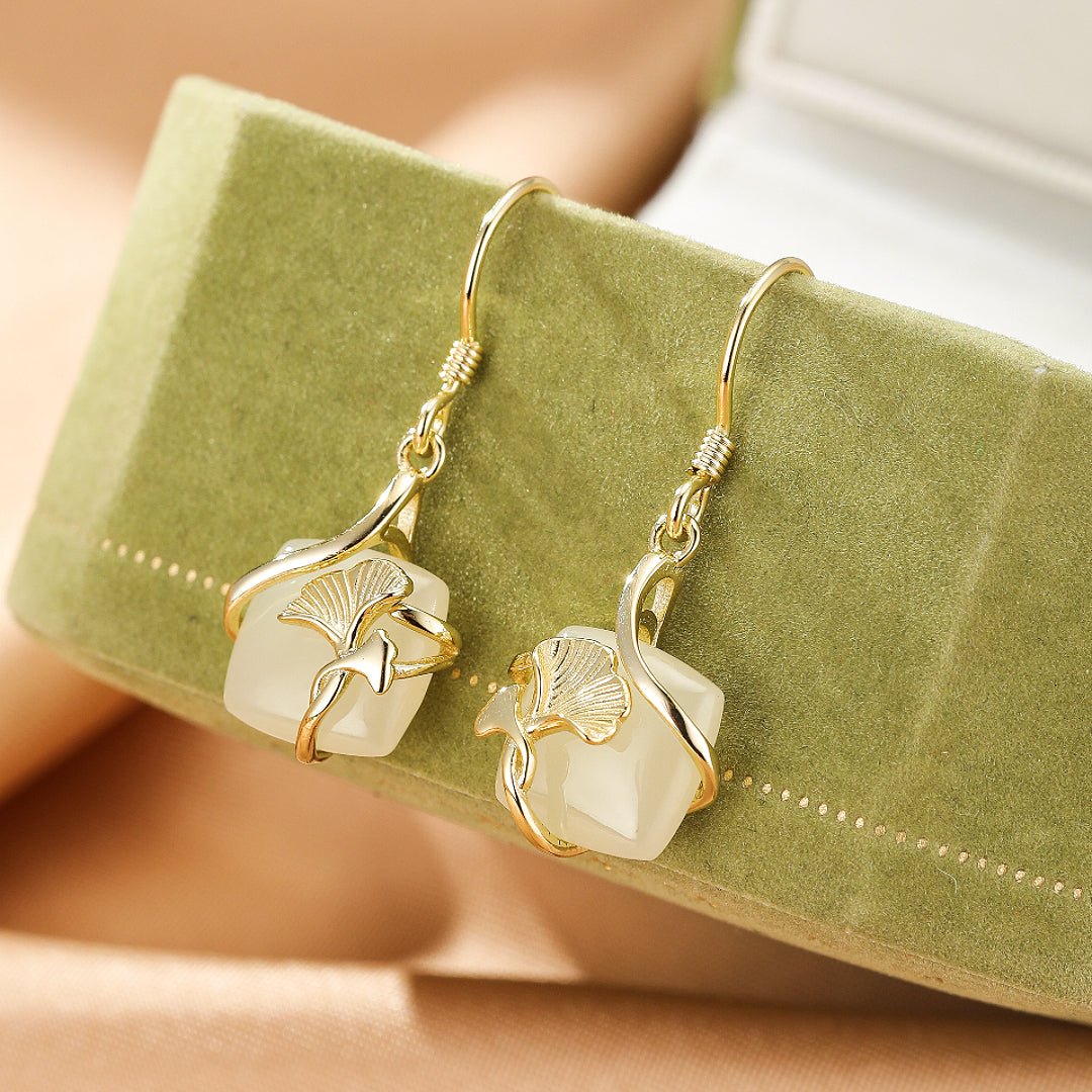 Boucles d'Oreilles Jade Néphrite et Ginkgo – Feng Shui - Biloria