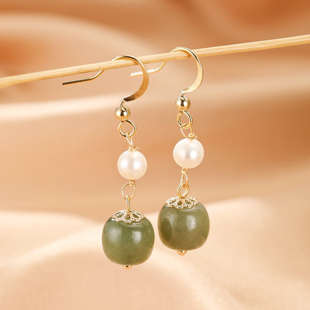 Boucles d'Oreilles Jade Néphrite et Perle – Harmonie Feng Shui - Biloria