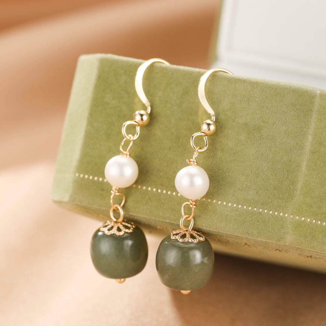 Boucles d'Oreilles Jade Néphrite et Perle – Harmonie Feng Shui - Biloria