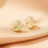 Boucles d'oreilles jade néphrite fleur rose - Argent plaqué or - Biloria