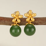 Boucles d'Oreilles Jade Vert Argent Plaqué Or - Biloria