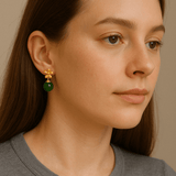 Boucles d'Oreilles Jade Vert Argent Plaqué Or - Biloria