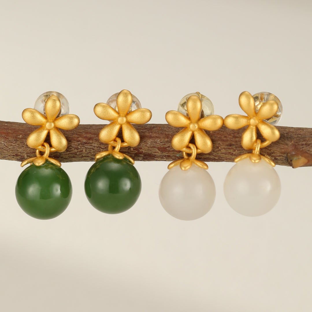 Boucles d'Oreilles Jade Vert Argent Plaqué Or - Biloria