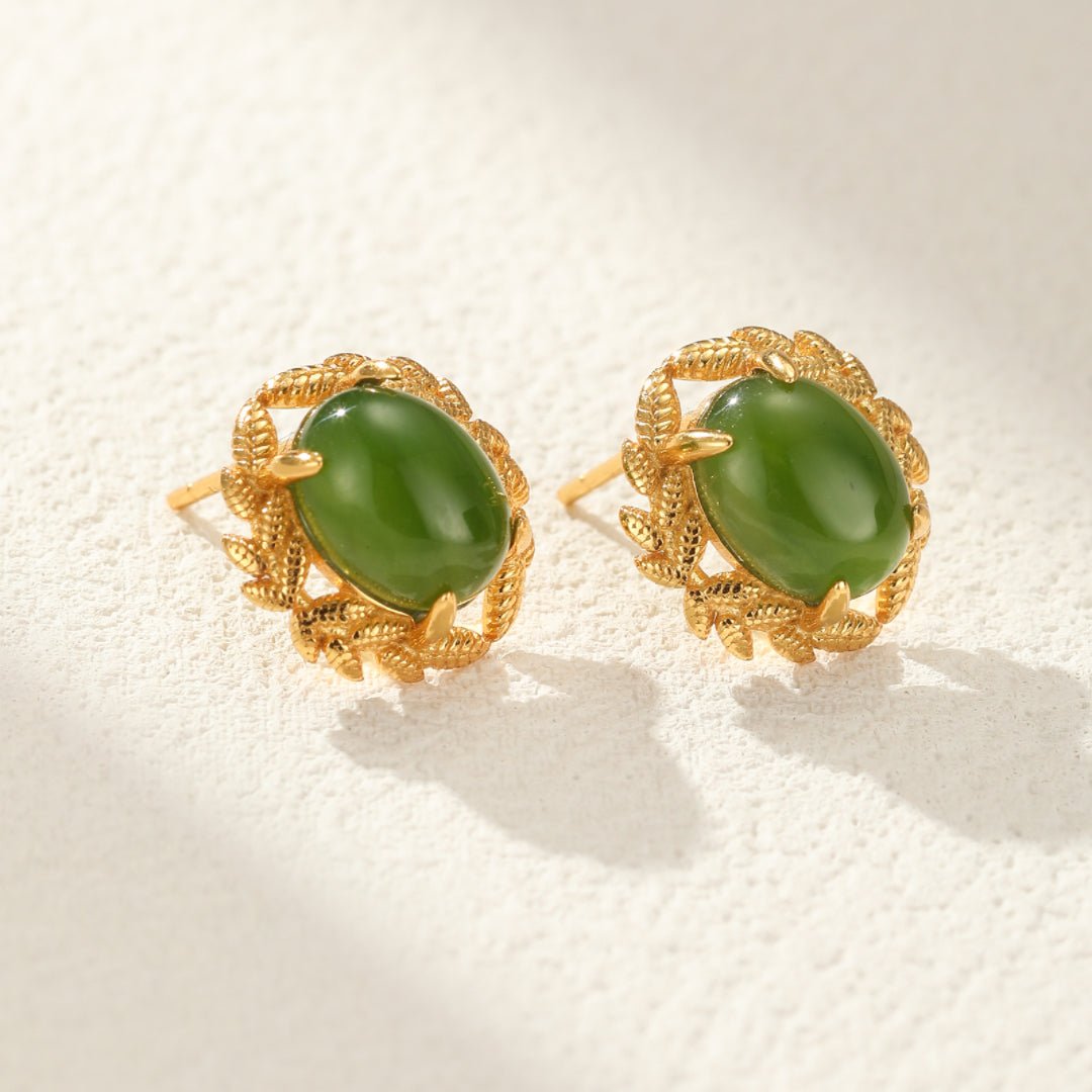 Boucles d'Oreilles Jade Vert Naturel Argent Plaqué Or - Biloria