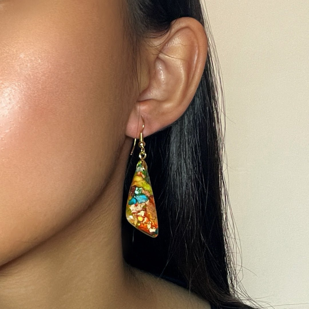 Boucles d'Oreilles Jaspe Multicolore Laiton Doré 18K - Biloria