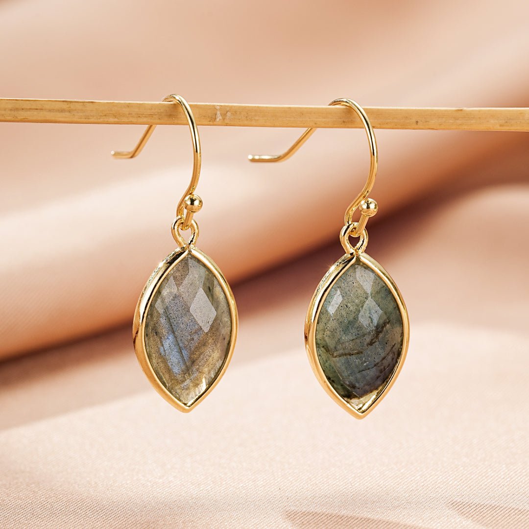 Boucles d'Oreilles Labradorite Feuille | Bijou Protection Lumière - Biloria