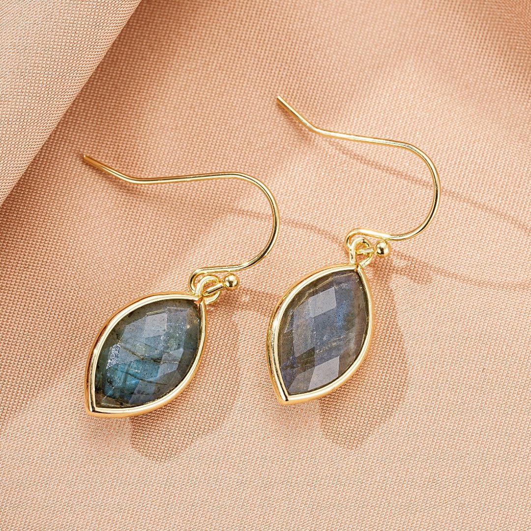 Boucles d'Oreilles Labradorite Feuille | Bijou Protection Lumière - Biloria