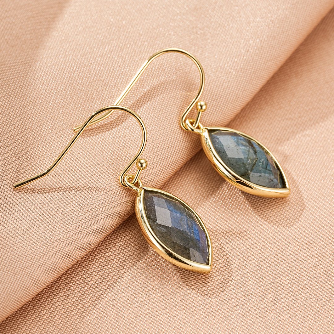 Boucles d'Oreilles Labradorite Feuille | Bijou Protection Lumière - Biloria