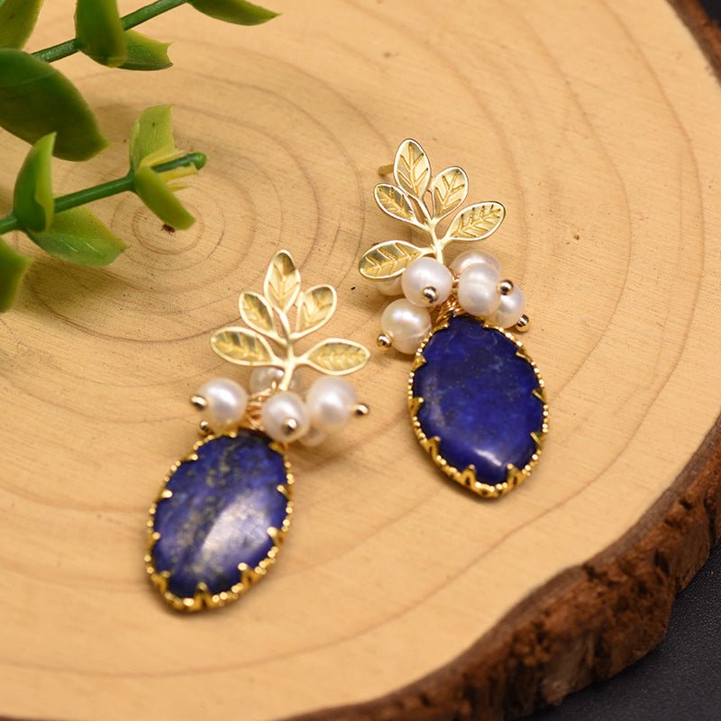 Boucles d'Oreilles Lapis Lazuli Perle Fleur Sérénité Argent Plaqué Or - Biloria