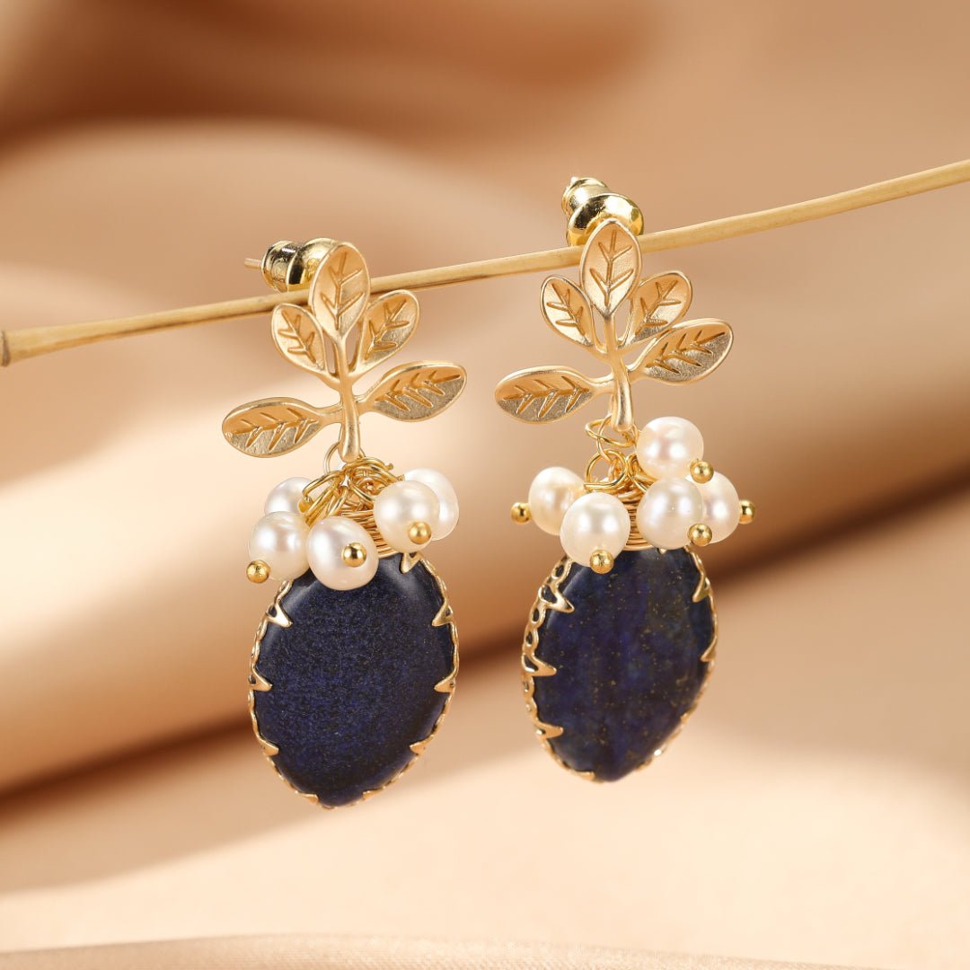 Boucles d'Oreilles Lapis Lazuli Perle Fleur Sérénité Argent Plaqué Or - Biloria