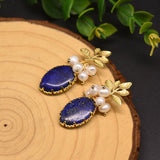 Boucles d'Oreilles Lapis Lazuli Perle Fleur Sérénité Argent Plaqué Or - Biloria