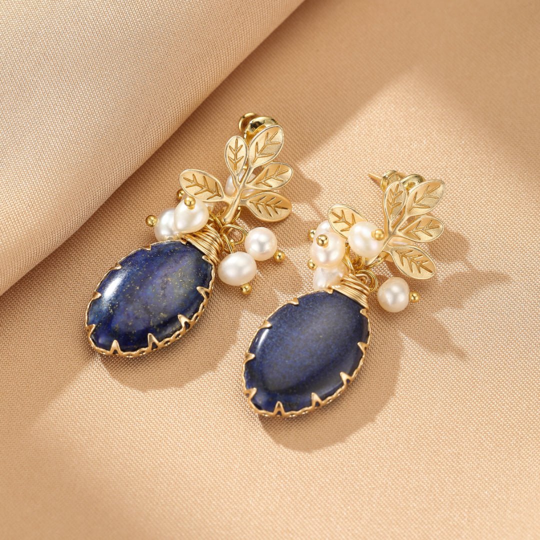 Boucles d'Oreilles Lapis Lazuli Perle Fleur Sérénité Argent Plaqué Or - Biloria