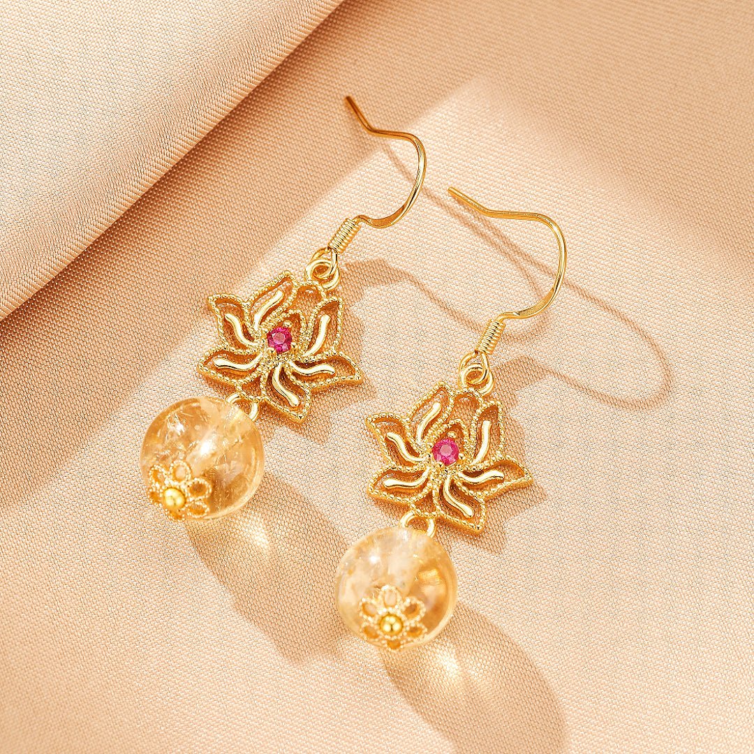 Boucles d'Oreilles Lotus Citrine – Argent Plaqué Or - Biloria