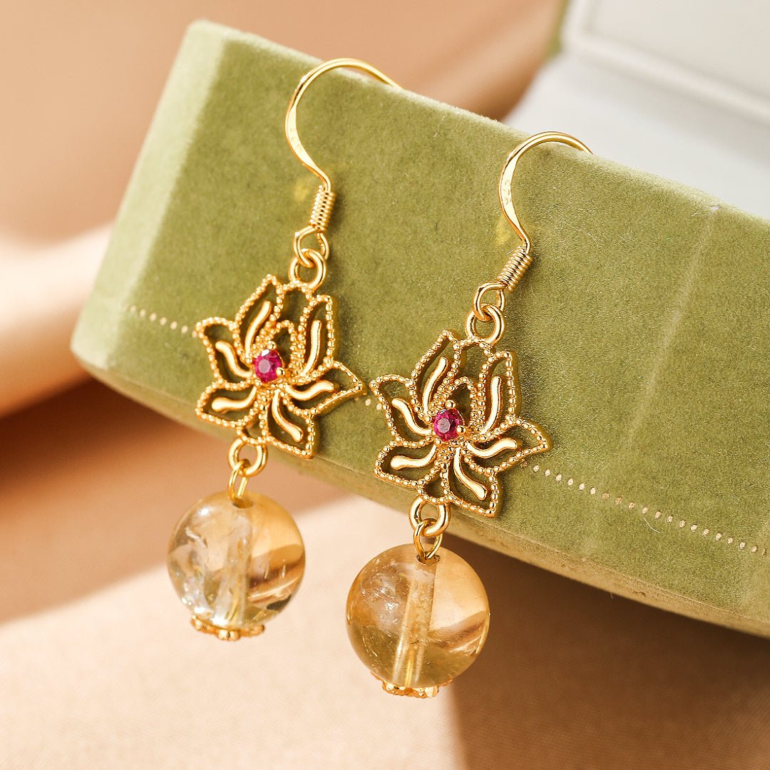 Boucles d'Oreilles Lotus Citrine – Argent Plaqué Or - Biloria