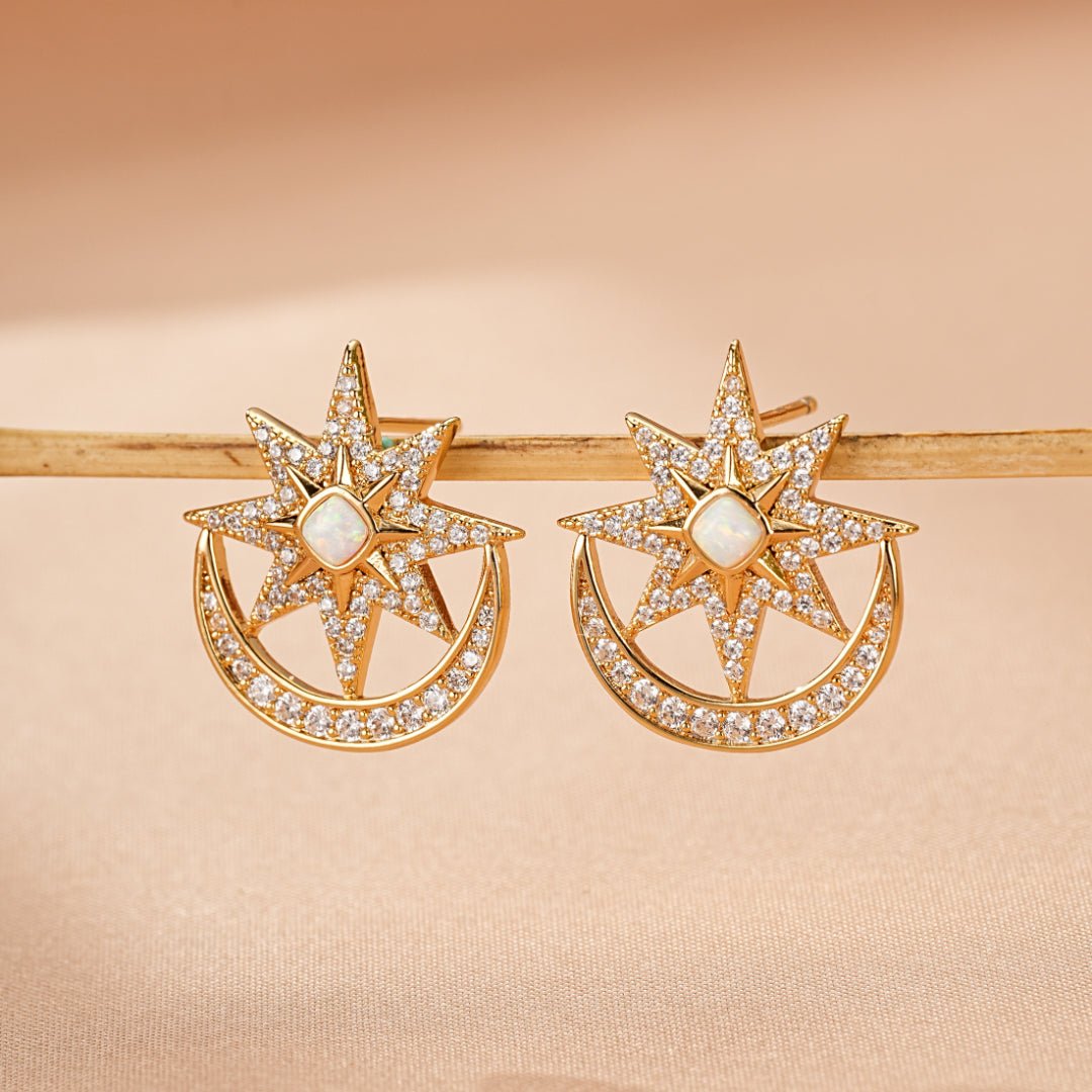 Boucles d'Oreilles Lune Étoile Opale Zircon - Biloria
