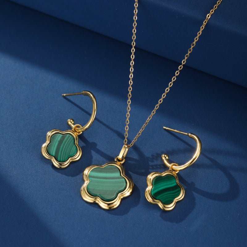 Boucles d'Oreilles Malachite Étoile Fleur Argent Plaqué Or - Biloria