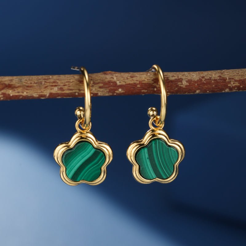 Boucles d'Oreilles Malachite Étoile Fleur Argent Plaqué Or - Biloria
