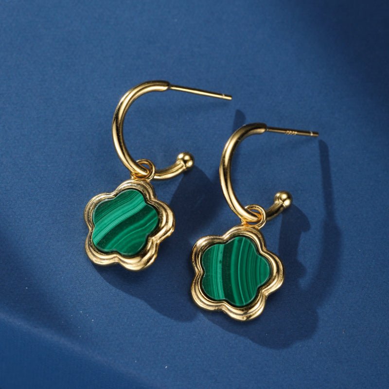 Boucles d'Oreilles Malachite Étoile Fleur Argent Plaqué Or - Biloria