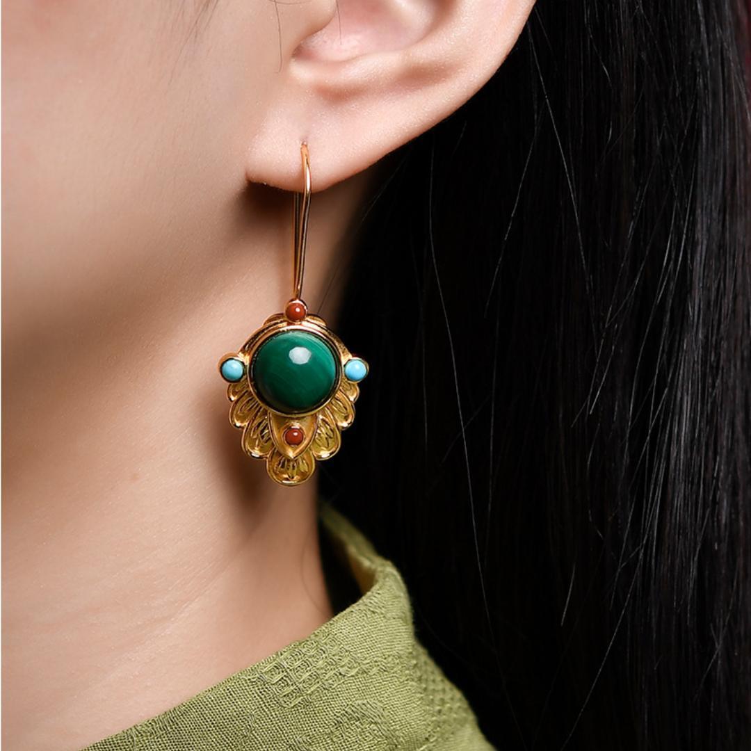 Boucles d'Oreilles Malachite Feuille Dorée – Argent Plaqué Or - Biloria