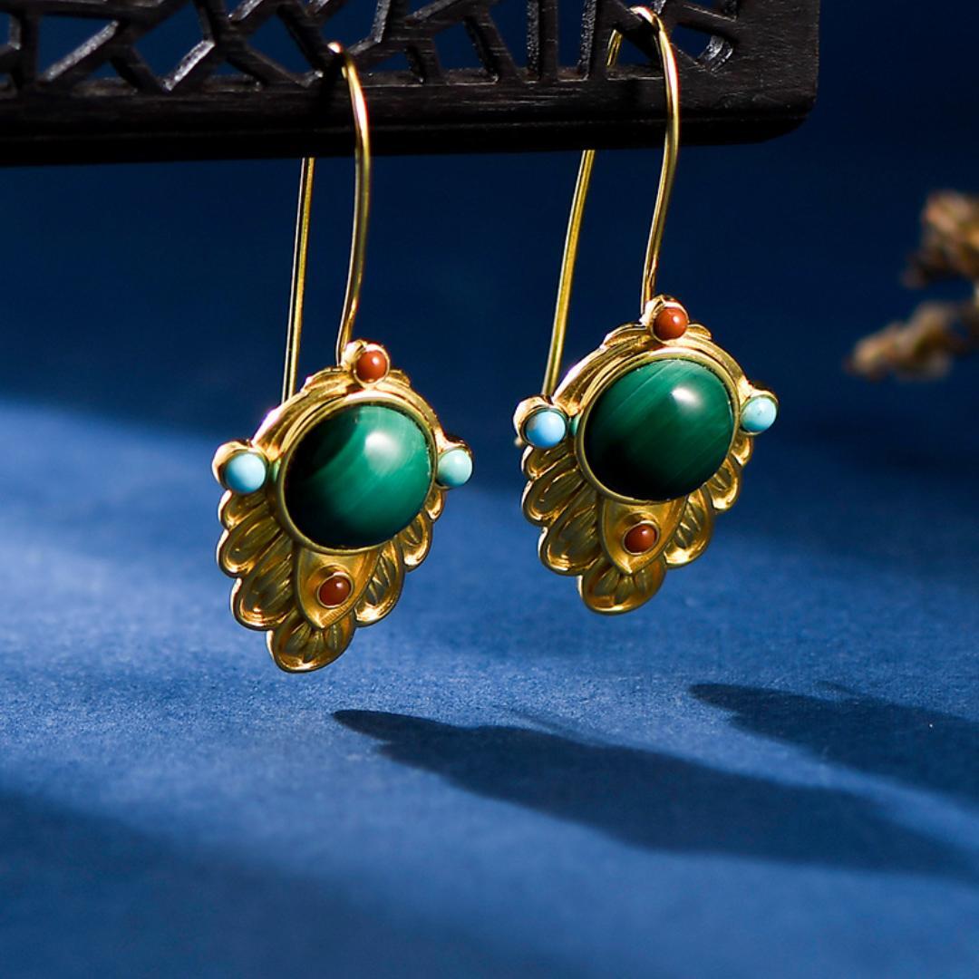 Boucles d'Oreilles Malachite Feuille Dorée – Argent Plaqué Or - Biloria